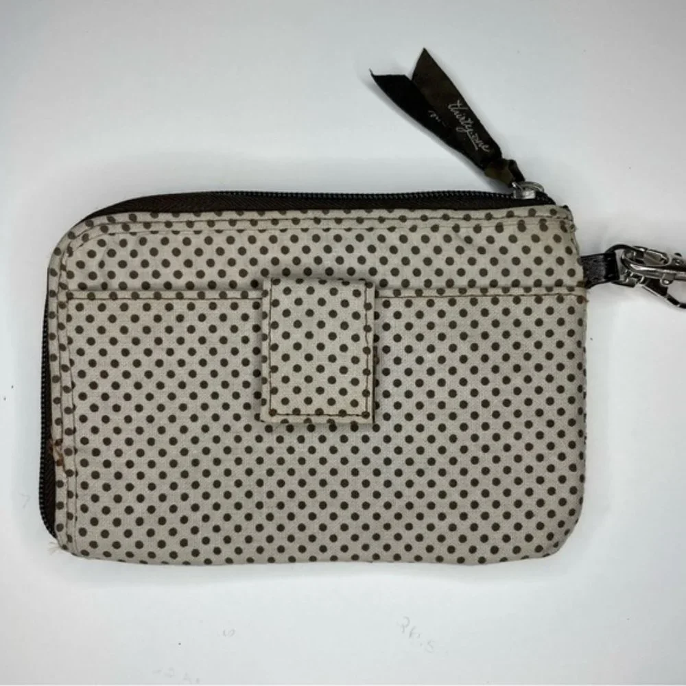 Thirty-One Slim Soft Brown and Cream Polka Dot Wristlet